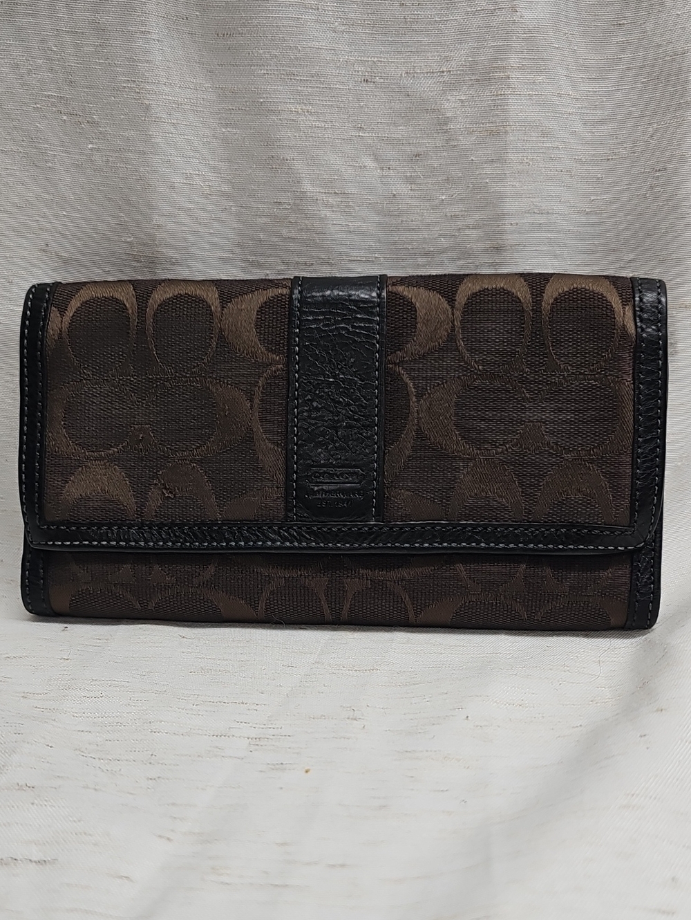 Coach Brown Signature Trifold Wallet with Black Trim